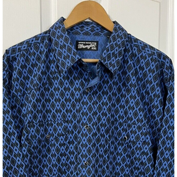Wrangler Authentic Western Shirt Men's Size XXL Blue Black Pearl Snap Geometric - Picture 2 of 7